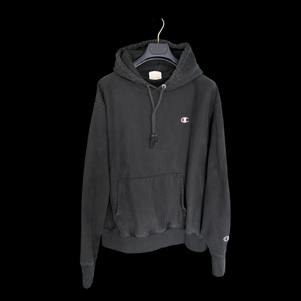90's Champion Reverse Weave‎ Hoodie XL Black Pullover Sweatshirt Fleece Logo